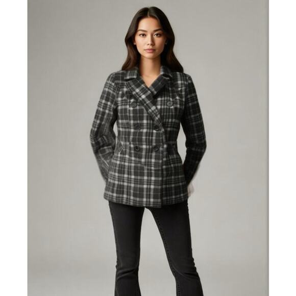Jou Jou Plaid Pea coat Jacket Women’s Small Black Gray Double-Breasted Coat - Picture 1 of 10